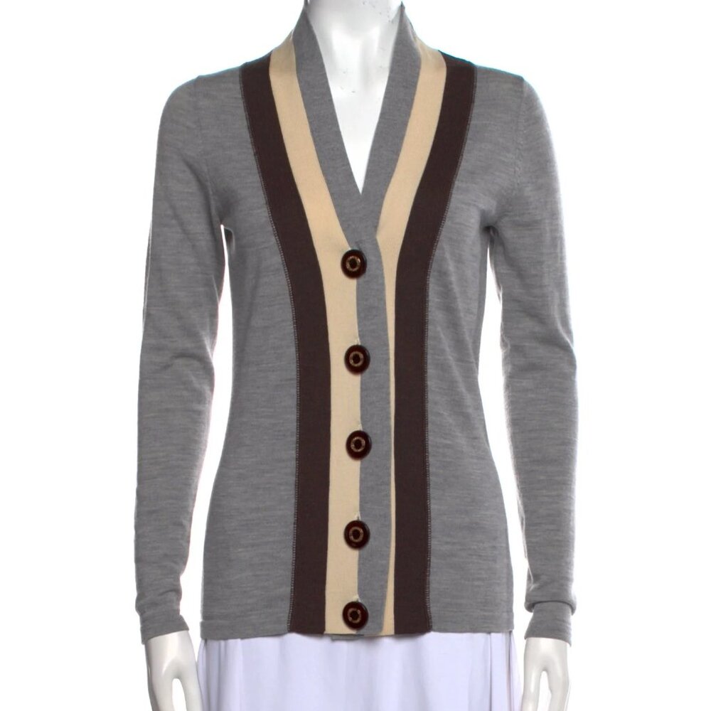tory burch (very thom browne!) merino wool xs gray brown blokecore cardigan
